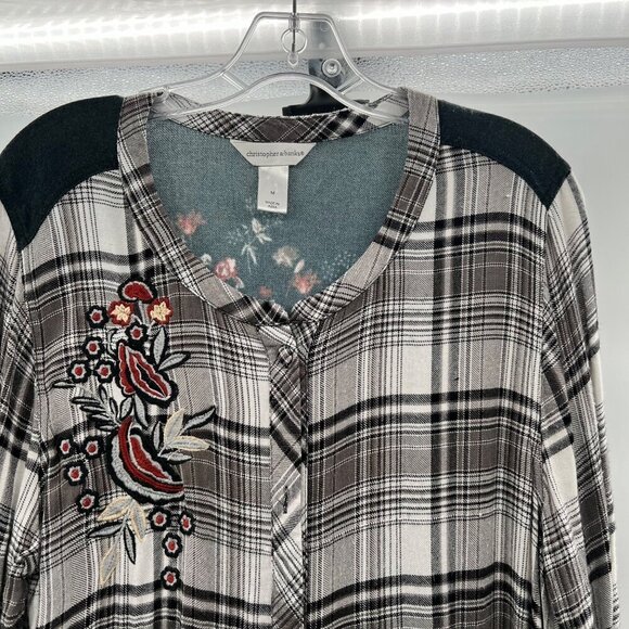 Christopher & Banks Women's Button Up Plaid Embroidered Top Size Medium - Picture 4 of 9